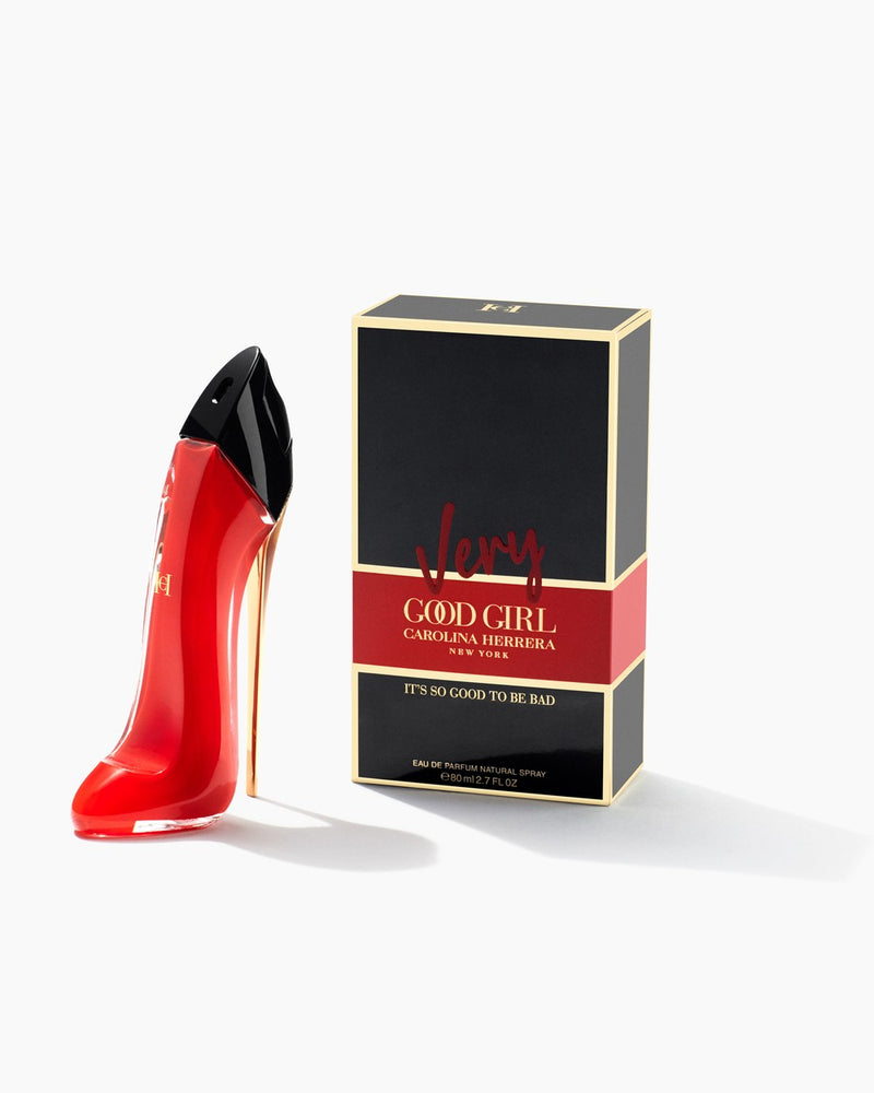 Carolina Herrera Very Good Girl 2.7oz Eau de Parfum bottle with floral and fruity design, displayed on a plain background.