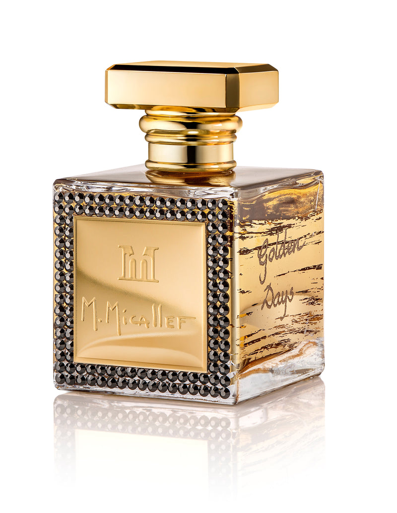 Golden Days M. Micallef Eau De Parfum bottle with gold accents, limited edition fragrance in a sleek glass design