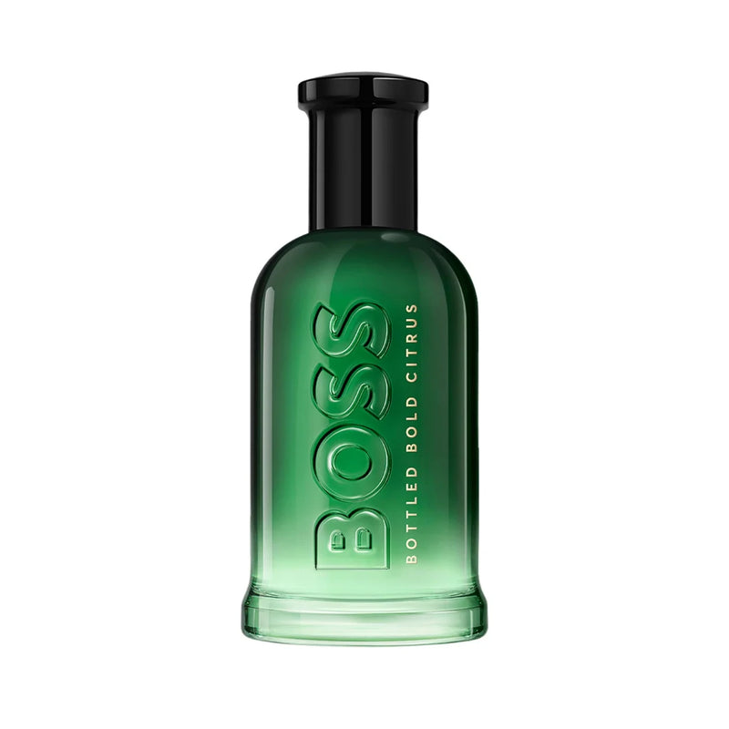 Hugo Boss Boss Bottled Bold Citrus 3.4oz Eau de Parfum bottle with orange and yellow accents, display of the perfume on a reflective surface.