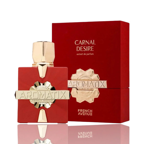 Aromatix Carnal Desire Extrait decant sample by Pertinacia LLC in a clear glass bottle with a black cap, on a white background.