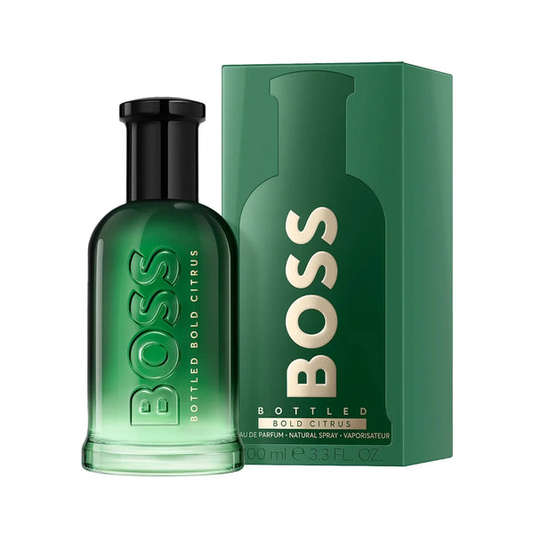 Hugo Boss Boss Bottled Bold Citrus 3.4oz EDP perfume bottle with orange and gold accents, displayed on a white background.