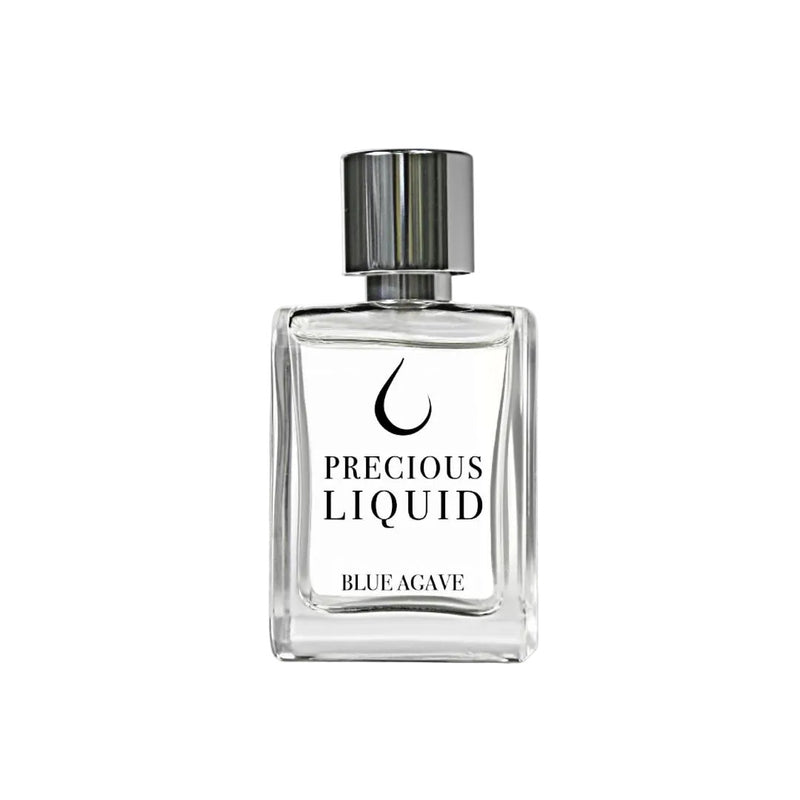 Blue Agave Precious Liquid perfume bottle from Online Warehouse, elegant blue glass with a sleek silver cap.