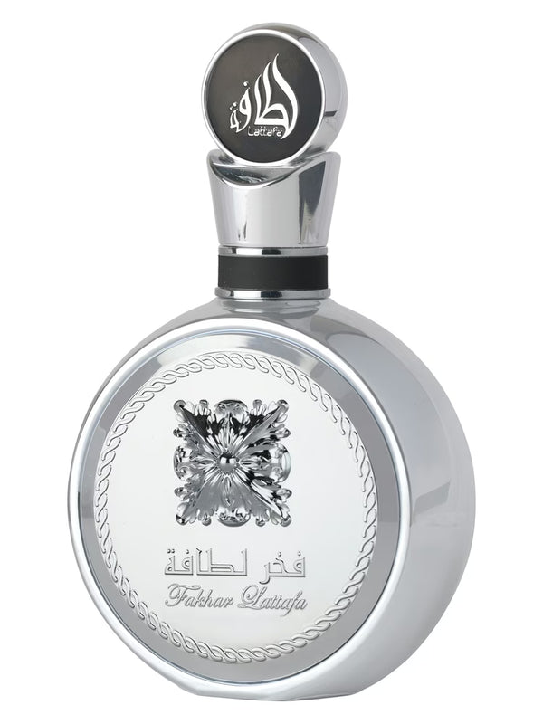Fakhar Platinum 3.4oz Eau de Parfum by Lattafa, featuring a sleek bottle with silver accents and elegant design.