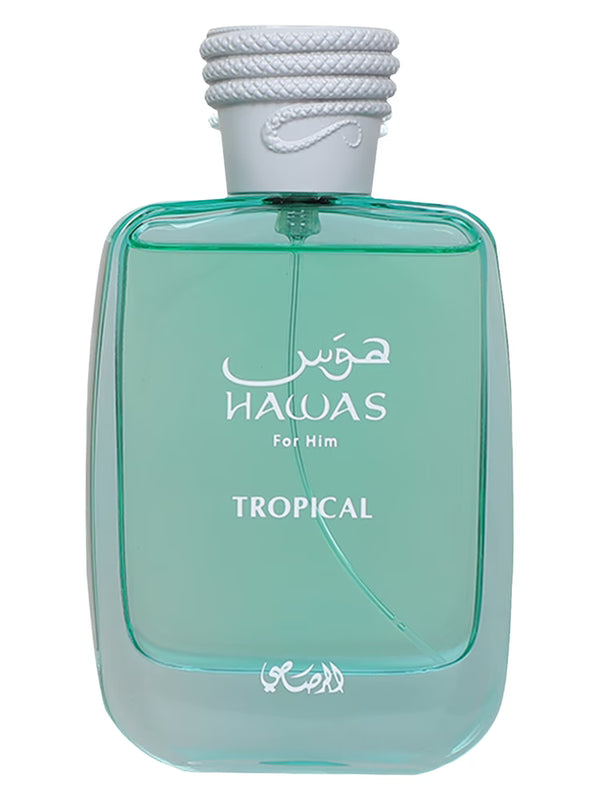 Rasasi Hawas Tropical 3.4oz EDP perfume bottle with tropical-themed label and clear glass design.