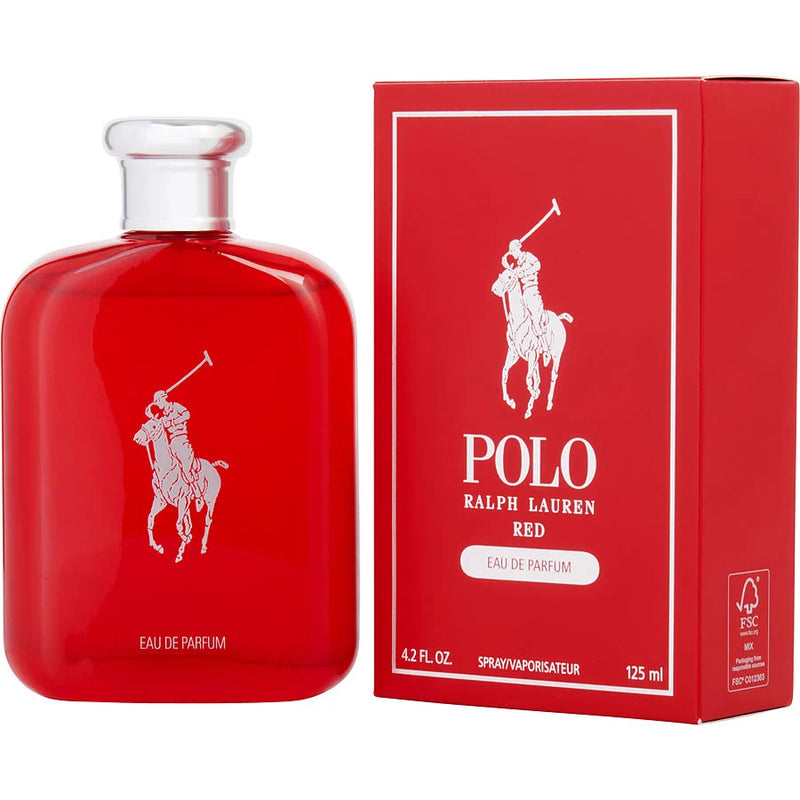 Ralph Lauren Polo Red 4.2 oz Eau de Parfum spray for men, featuring a sleek bottle with red accents and a black cap.