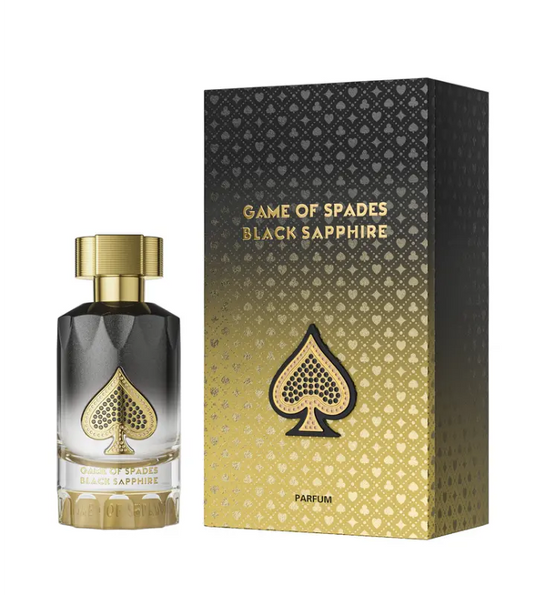 Jo Milano Black Sapphire Game Of Spades 3.4oz perfume bottle with black and silver design by Pertinacia Perfume.