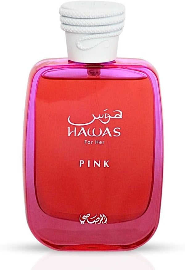 Hawas Pink EDP perfume bottle by Rasasi, Pertinacia Perfume, 3.4oz with a pink-colored fragrance bottle and elegant design.