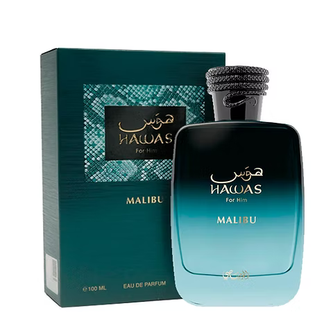 Hawas Malibu EDP perfume bottle by Rasasi, 3.4oz, with a sleek design and elegant label, displayed on a neutral background.