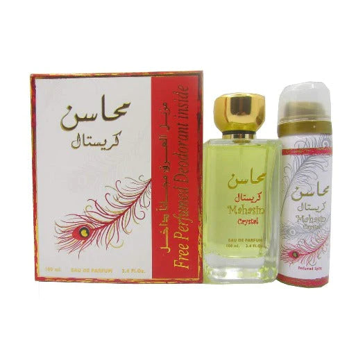 Lattafa Mahasin Crystal Eau De Parfum 3.4oz EDP Spray + 1.7 Oz Deodorant Spray for Women