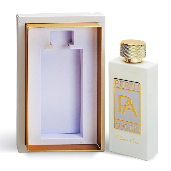 Blanca Pura Perfuadictos 3.4oz EDP bottle by Pertinacia Perfume, elegant perfume container with a sleek design.