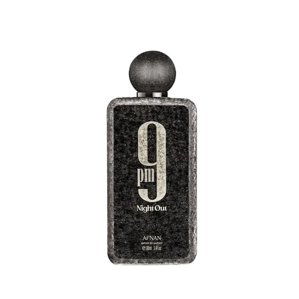 Afnan 9 PM Night Out Extrait perfume bottle shown in a sleek 3.4oz container, featuring elegant packaging and dark-colored fragrance liquid.