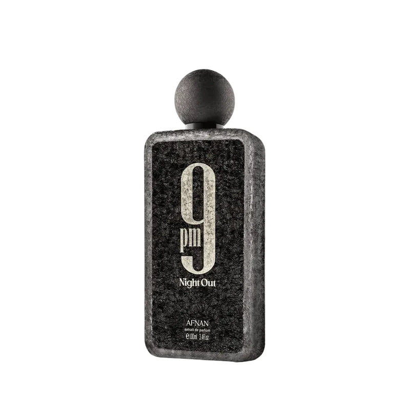 Afnan 9 PM Night Out Extrait perfume bottle, 3.4oz, with elegant packaging, showcasing the luxurious fragrance from Pertinacia Perfume.