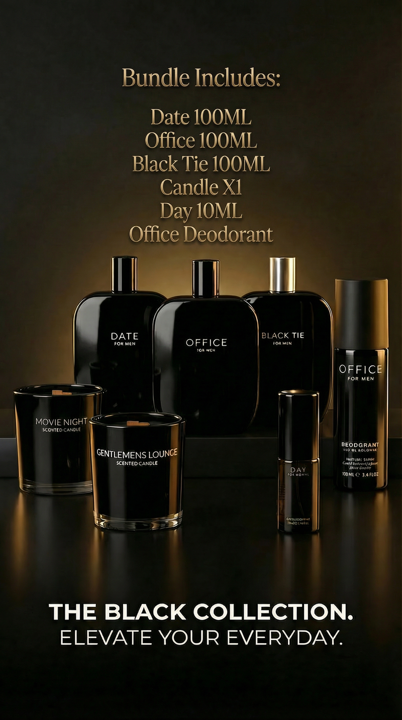 Six fragrance bottles from the Black Collection Bundle by Fragrance One, featuring sleek black packaging by Pertinacia LLC.