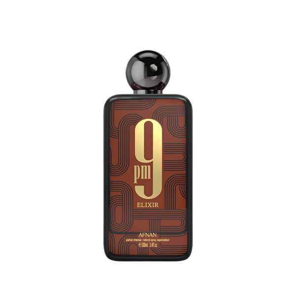 A 3.4 oz bottle of Afnan 9 PM Elixir Eau de Parfum with elegant packaging and a dark-colored cap.