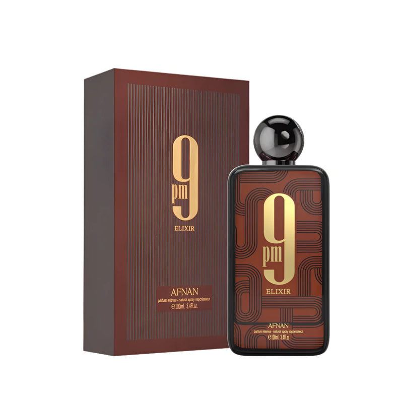 Afnan 9 PM Elixir perfume bottle, 3.4 oz EDP, with elegant packaging and a sleek design.