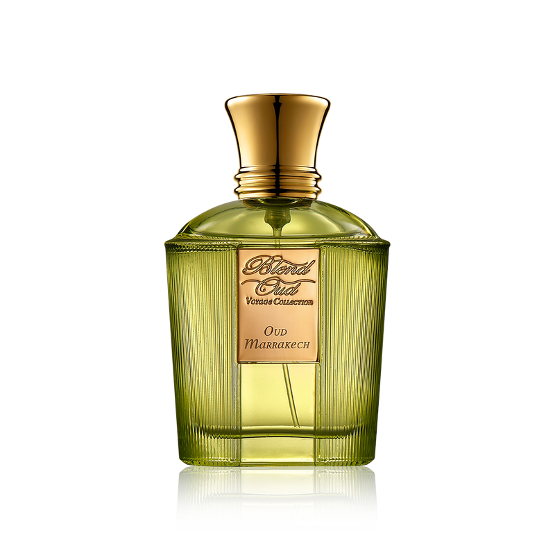 Online Warehouse Oud Marrakech Blend perfume bottle, elegant cologne packaging with luxurious oud fragrance visual.