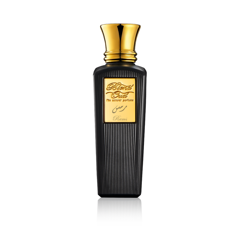 Rams Blend Oud perfume bottle with elegant design, showcasing rich, warm amber-colored liquid in a sleek cologne container