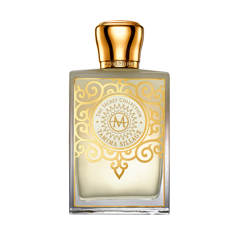 Tamima Sillage Moresque perfume bottle, 2.5 oz, elegant cologne with a sleek design and floral accents on the packaging.