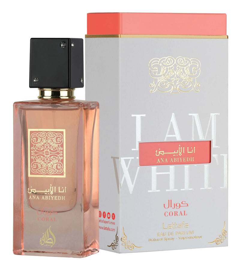 Ana Abiyedh Coral perfume by Lattafa, 1.8oz bottle with a coral-colored design, featuring elegant packaging and branding.