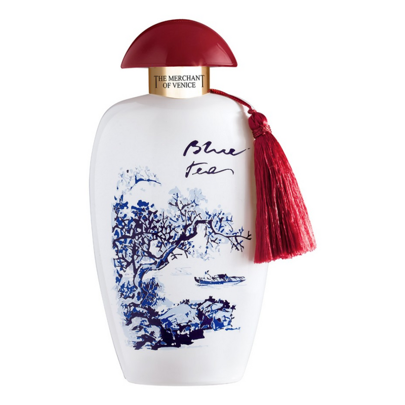 Blue Tea perfume by The Merchant Of Venice in a 3.4 oz bottle, featuring a sleek design and vibrant blue color.