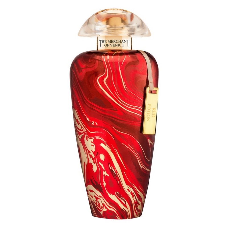 Red Potion perfume by The Merchant Of Venice in a sleek bottle, displayed on a white background.