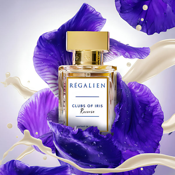 Clubs of Iris Reverie Regalien perfume bottle from Online Warehouse, showcasing elegant packaging and floral design on the label.