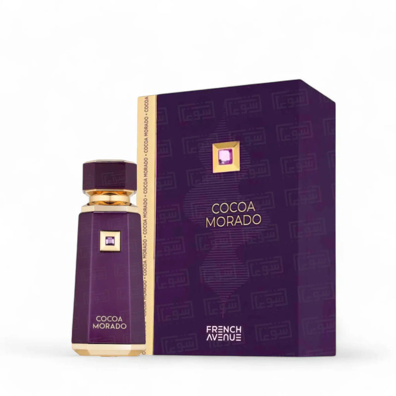 Pertinacia French Avenue Cocoa Morado Eau de Parfum 3.4oz bottle with elegant packaging, showcasing rich, luxurious fragrance.