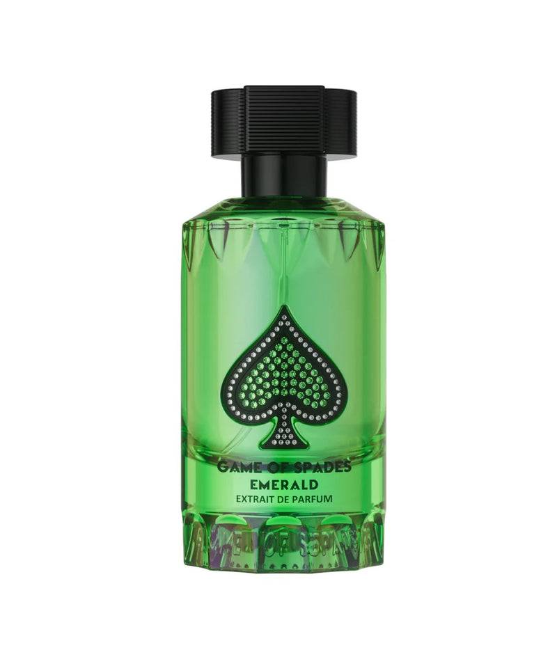 Jo Milano Game of Spades Emerald Extrait perfume bottle, 3oz, with elegant green-green design and sleek packaging.