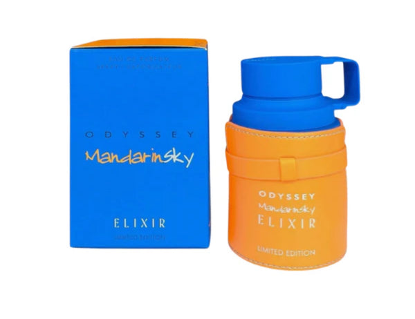 Armaf Odyssey Mandarin Sky Elixir EDP perfume bottle, 3.4 oz, with sleek design and vibrant orange accents.