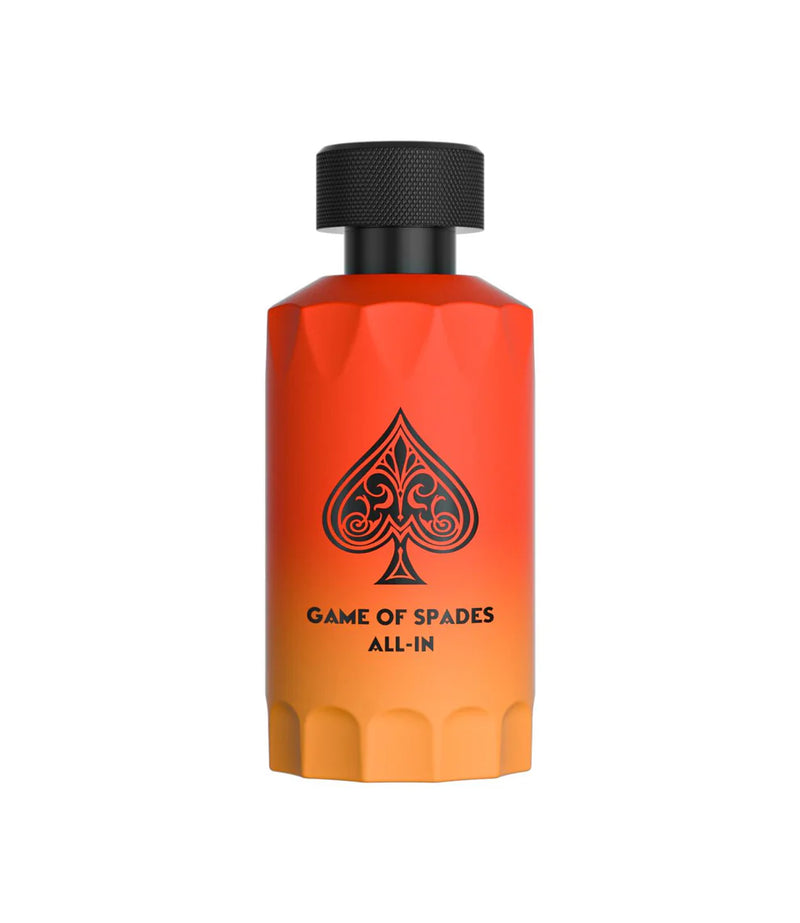 Jo Milano All In Game Of Spades 3.4oz perfume bottle by Pertinacia Perfume, with sleek black and silver design and elegant branding.