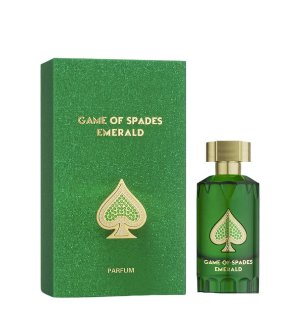 Decant sample of Game of Spades Emerald perfume by Jo Milano, featuring a sleek bottle with green and gold accents.