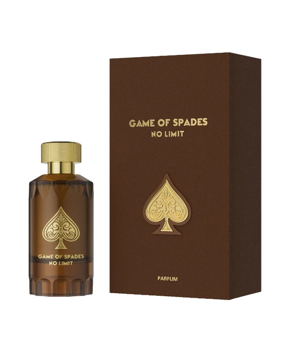 Jo Milano No Limits Game of Spades 3.4oz perfume bottle by Pertinacia Perfume, sleek glass container with black and gold design.