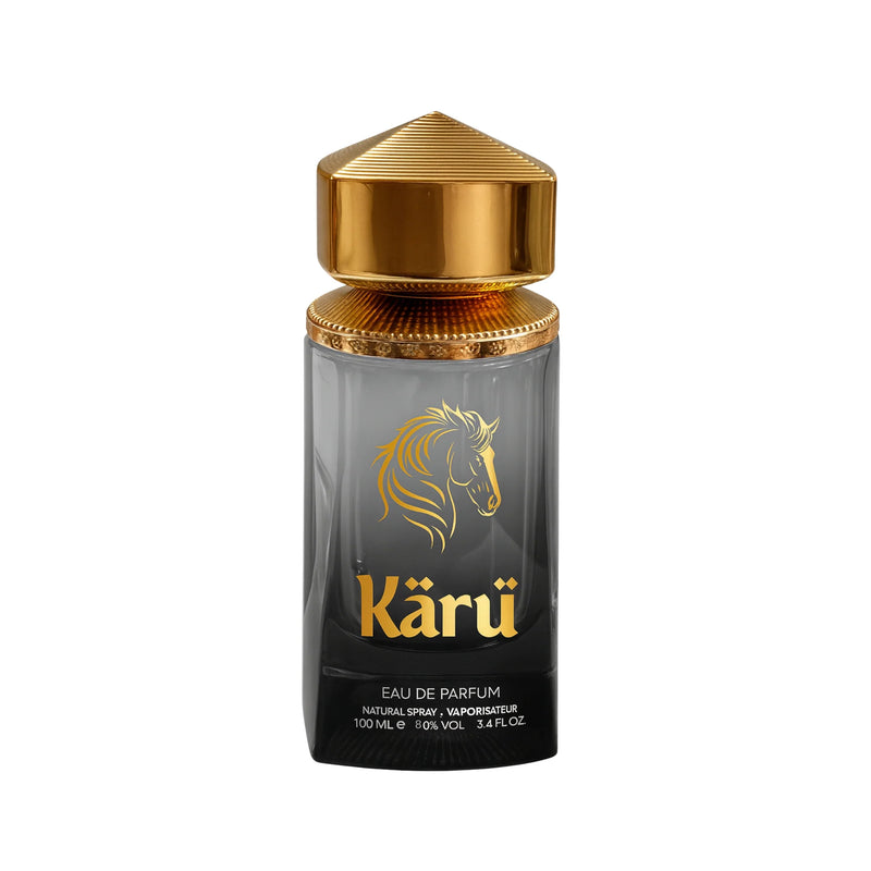 Karu EDP 3.4oz perfume bottle by Pertinacia LLC, featuring a sleek design with the fragrance name Elysium on the label.