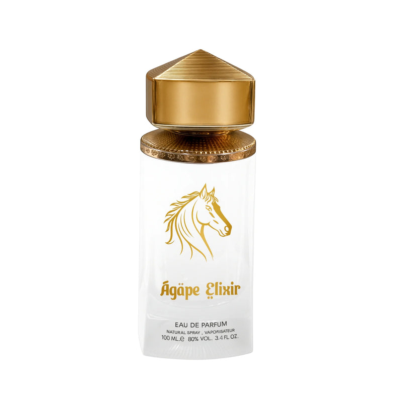 Agape Elixir EDP perfume bottle by Pertinacia LLC, 3.4oz Elysium fragrance, featuring a sleek glass bottle with a decorative cap.