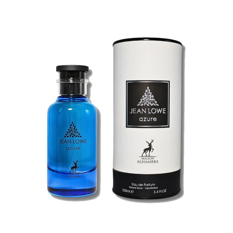 Jean Lowe Azure Maison Alhambra perfume bottle by Pertinacia LLC, with a sleek blue design and elegant label.