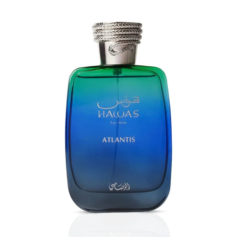 Rasasi Hawas Atlantis EDP perfume bottle, 3.4oz, with sleek design and blue accents, displayed on a neutral background.