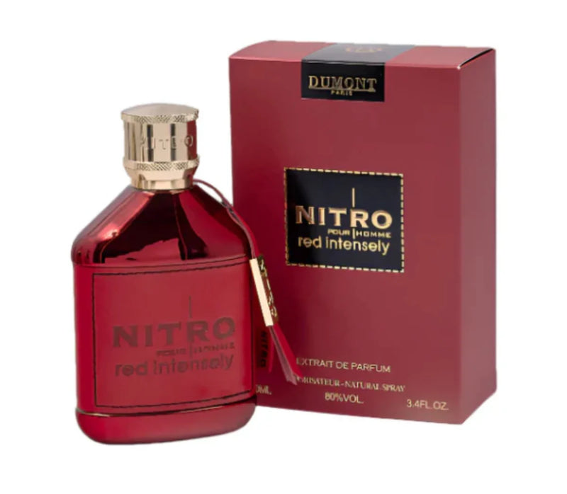 Pertinacia LLC Nitro Red Intensely Dumont decant sample bottle with label and packaging, showcasing the fragrance presentation.