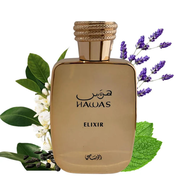 Rasasi Hawas Elixir Eau De Parfum 3.4 oz bottle with sleek design, displayed on a neutral background.
