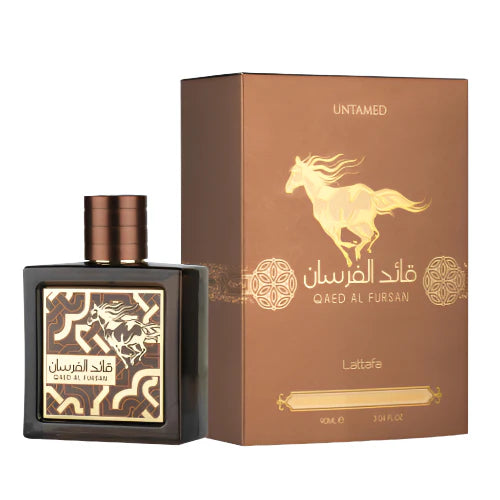 Qaed Al Fursan Untamed Lattafa EDP perfume bottle, 3.4oz, featuring a sleek design and elegant packaging.