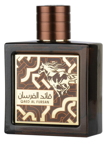 Qaed Al Fursan Untamed Lattafa EDP perfume bottle in clear glass with gold accents, 3.4oz, by Pertinacia Perfume.