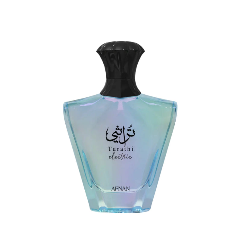 Afnan Turathi Electric EDP perfume bottle by Pertinacia Perfume, featuring a sleek 3.0 oz design and elegant packaging.
