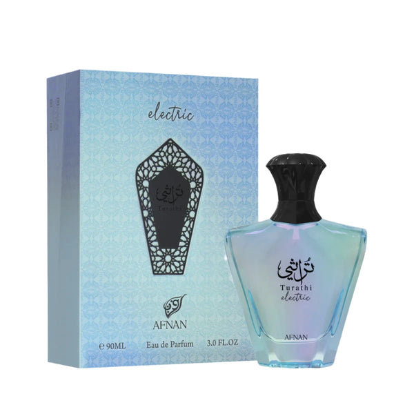 Afnan Turathi Electric EDP perfume bottle with clear glass and silver cap, displayed against a plain background.