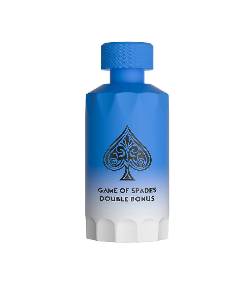 Jo Milano Double Bonus Spades parfum bottle, 3.4oz, Pertinacia Perfume, elegant perfume featuring a sleek design and sophisticated branding.