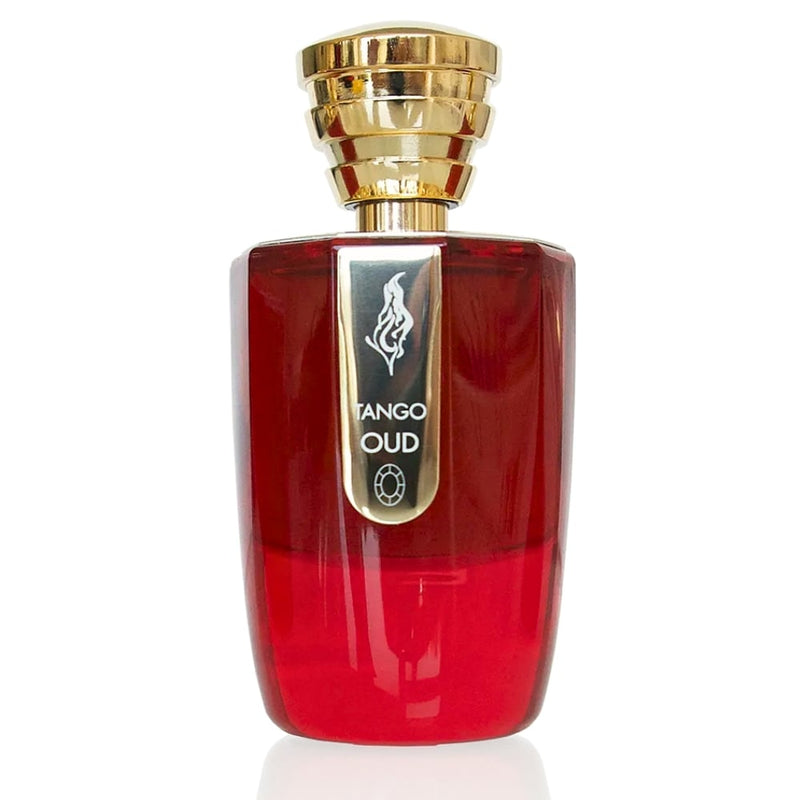 Tango Oud Masque Milano 3.4 oz bottle with black cap and elegant label, placed on a white background.