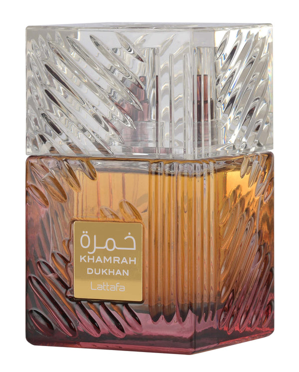 Lattafa Khamrah Dukhan EDP perfume bottle by Pertinacia, featuring a sleek design and amber-colored fragrance liquid.