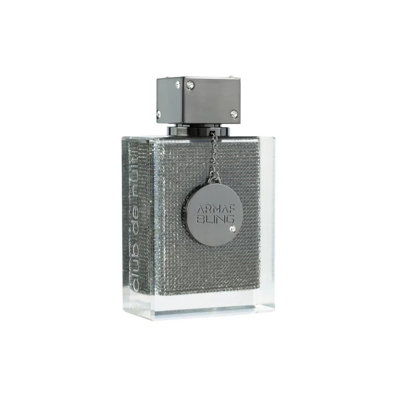 Armaf Club De Nuit Bling perfume bottle, Pertinacia Perfume 2.5oz EDP, with a sleek design and shiny metallic finish.