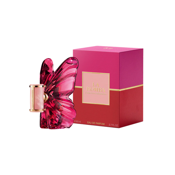Pertinacia Perfume La Bomba 2.7oz EDP by Carolina Herrera, showcasing the elegant fragrance bottle on a plain background.