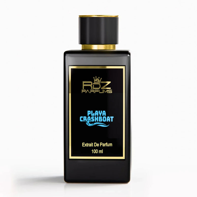 Playa Crash Boat RDZ Extrait de Parfum 100ml bottle with black cap and minimalist label, positioned on a neutral background.