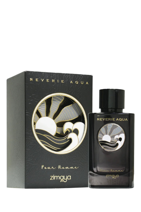 Reverie Aqua 3.4oz EDP Zimaya perfume bottle by Pertinacia, with sleek design and elegant packaging.