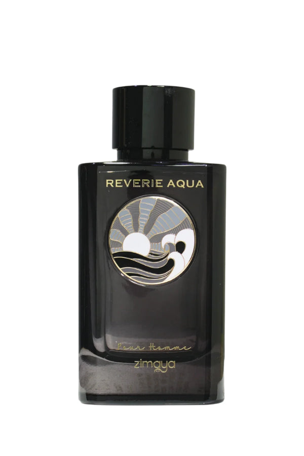 Reverie Aqua 3.4oz EDP Zimaya perfume bottle by Pertinacia Perfume, elegant design with a clear glass container and blue liquid.